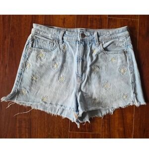 American Eagle High Waisted Daisy Embroidered Denim Shorts Light Wash Blue 6